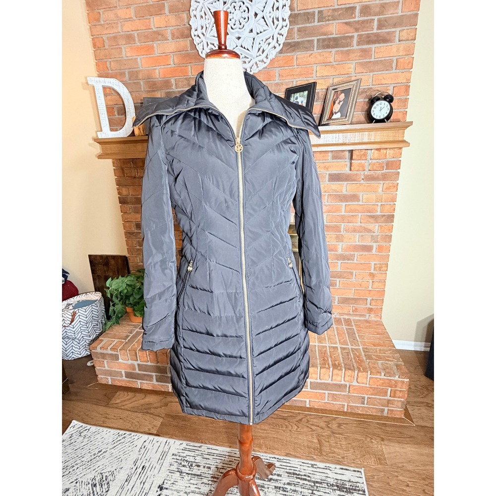 Michael Kors Puffer Coat Women Black Down Filled Hooded Chevron Quilted Medium